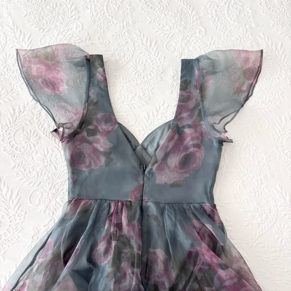 NWOT Lulus Mesmerizing Mood Slate Floral Organza Ruffled A-Line Midi Dress Small - Picture 5 of 8